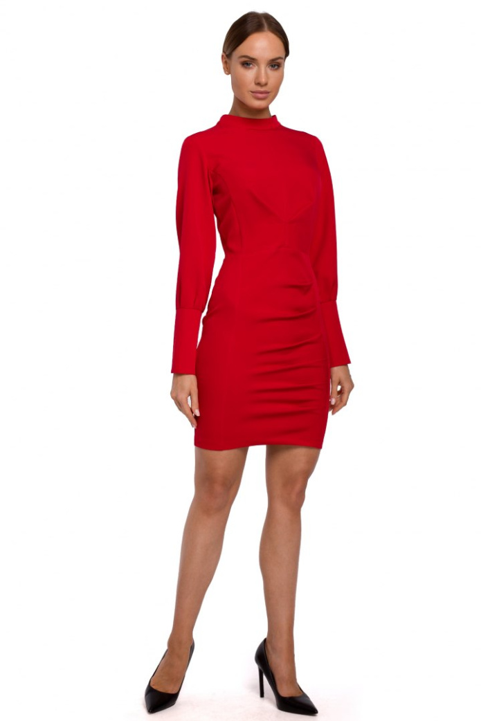 Sukienka Mini - Dopasowana Ze Stójką - czerwona